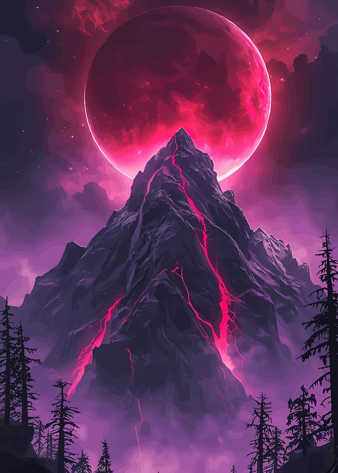 Crimson Moon Over Volcanic Mountain