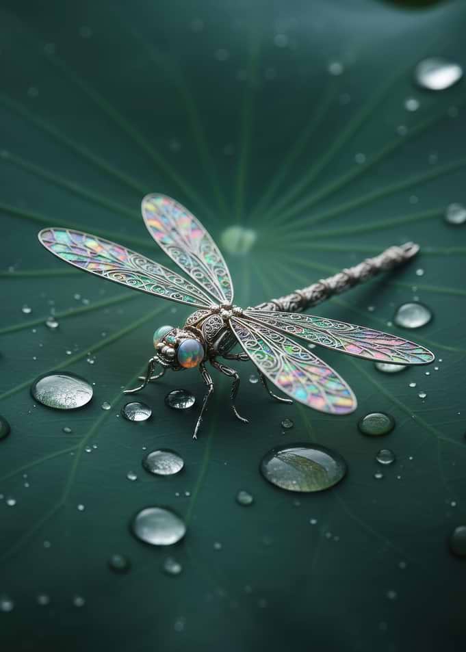 Dragonfly on a wet lotus leaf
