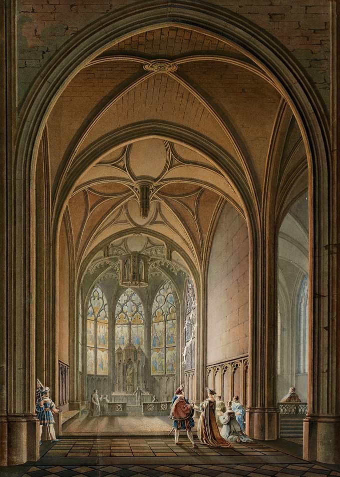 Gothic Cathedral Interior with Royal Figures