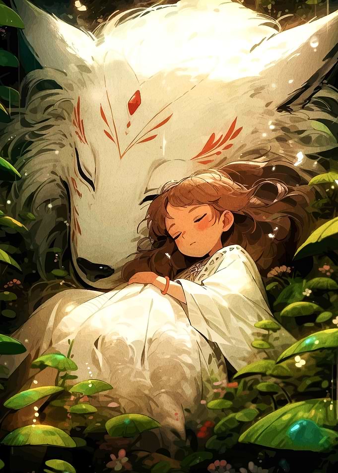 Girl Sleeping with White Wolf