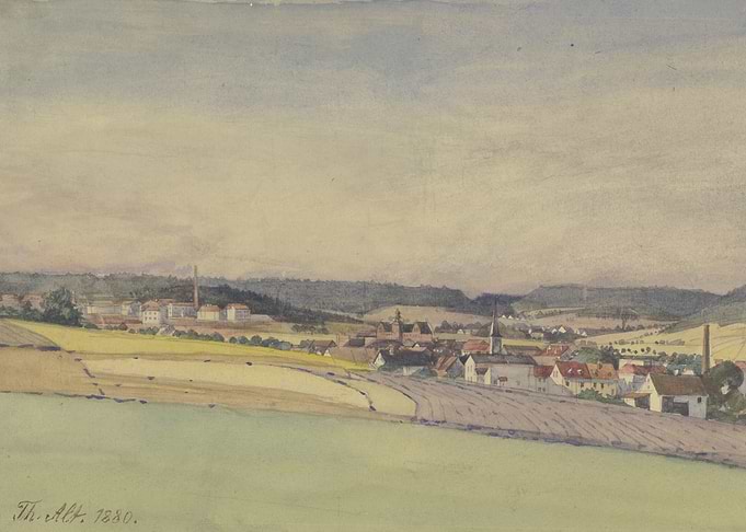 Village landscape with factory and church