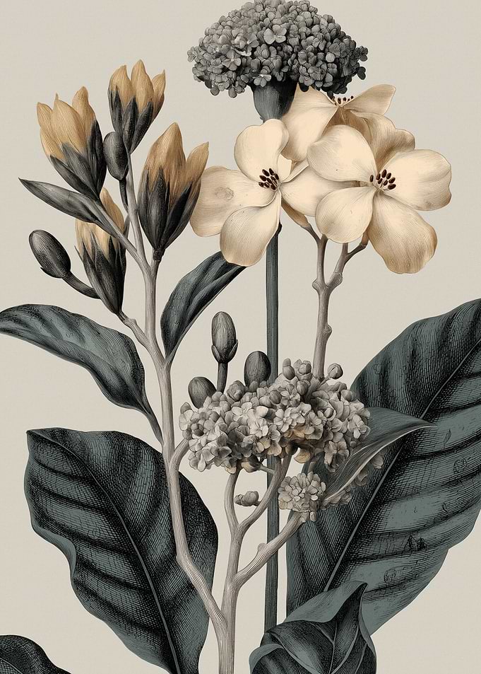 Botanical Illustration of Flowers and Leaves