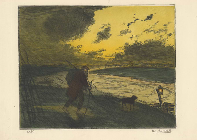 Man and dog by the sea at sunset