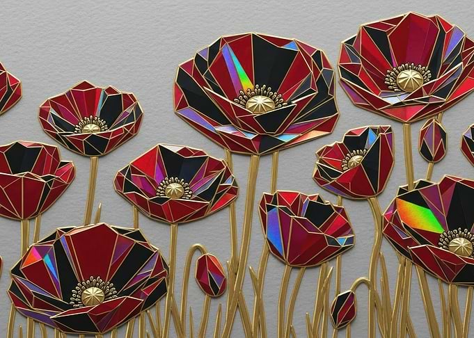 Geometric Poppies with Gold Stems