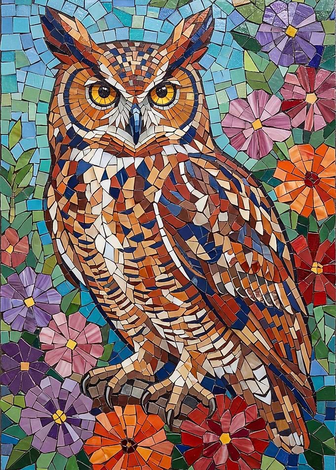 Mosaic Owl with Flowers