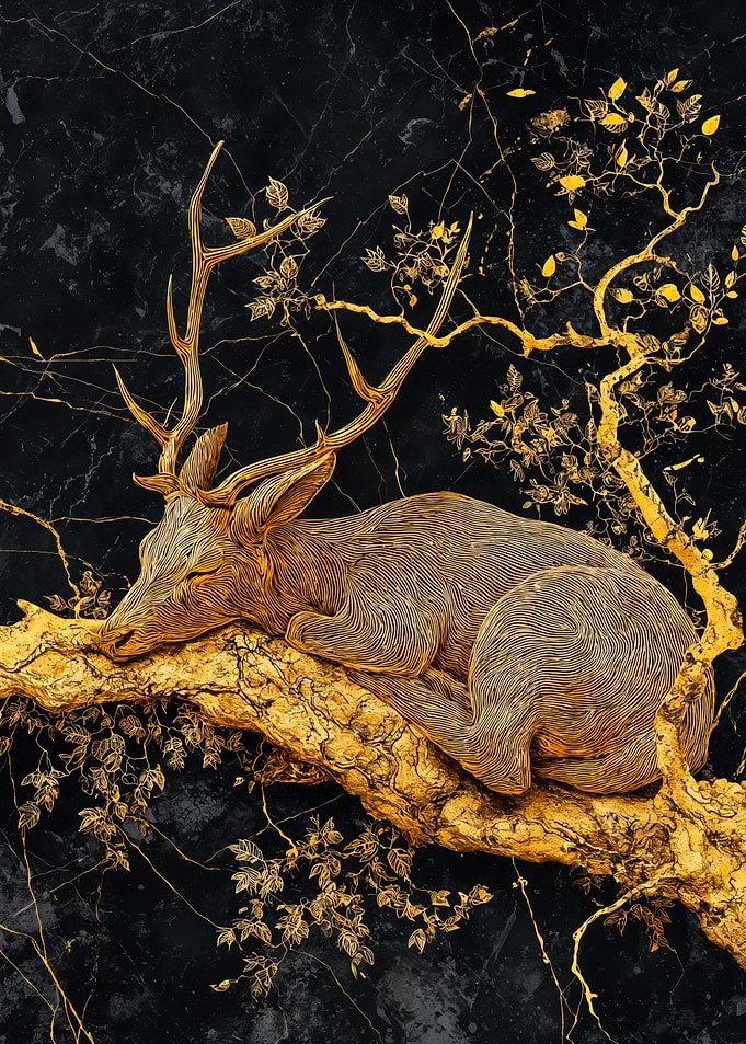 Golden Deer Sleeping on a Branch