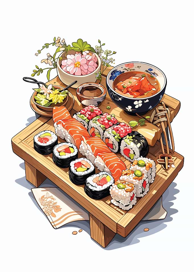 Sushi Platter with Flowers and Soup