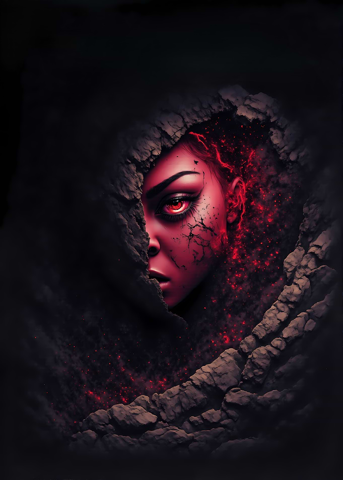 Demonic Woman Peeking Through Rock