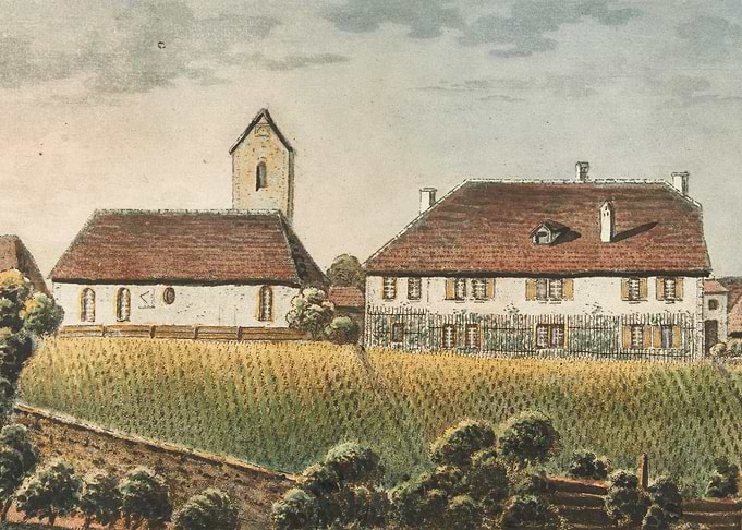 Village scene with church and house