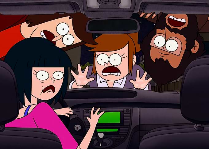 Scared people crammed in a car