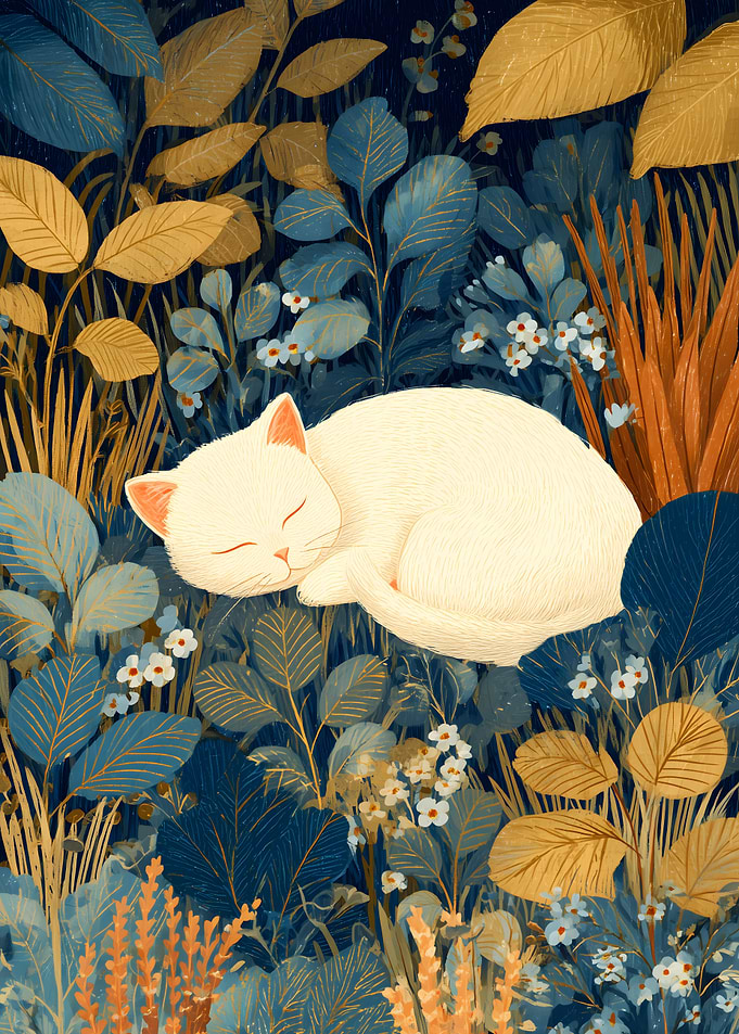 White Cat Sleeping in Lush Garden
