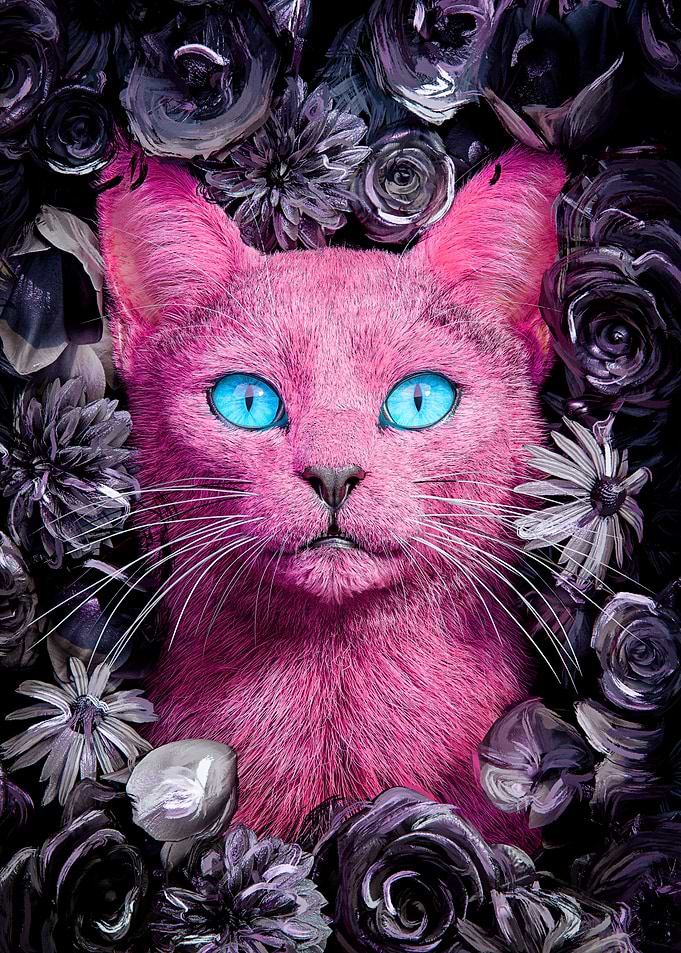 Pink Cat with Blue Eyes Surrounded by Flowers