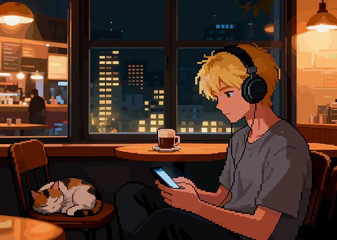 Anime boy in cafe with headphones