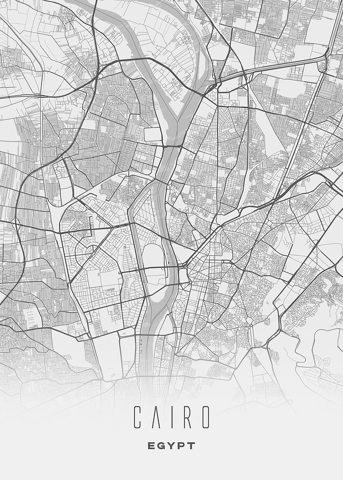 Cairo, Egypt - Minimal White Nile Riverside City Map, Wall Art Print