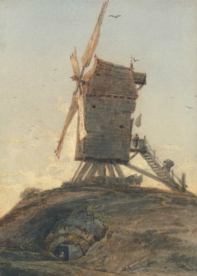 Watercolor of a Rustic Windmill on a Hill