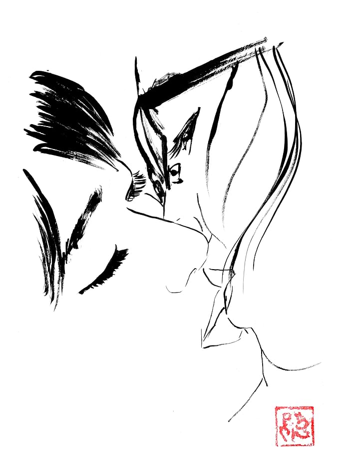 Ink Wash Painting of Two Faces