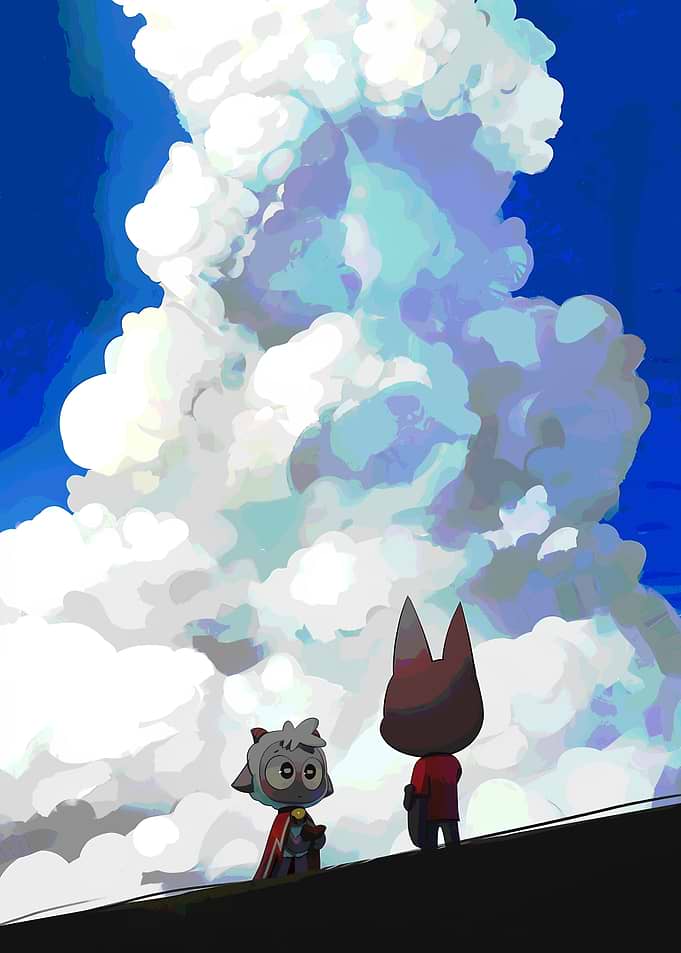 Two cartoon characters looking at clouds