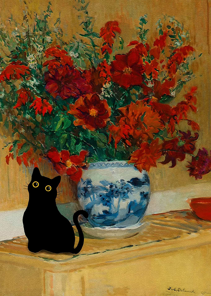 Black Cat with Flowers in Vase