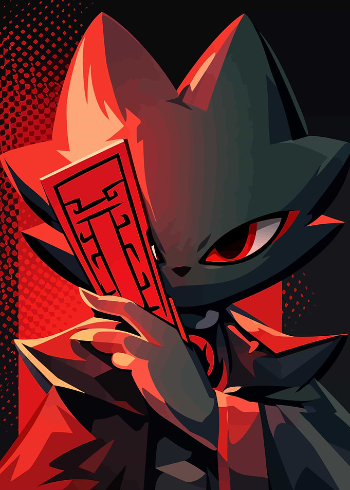 Mysterious Black Cat Character with Red Fan