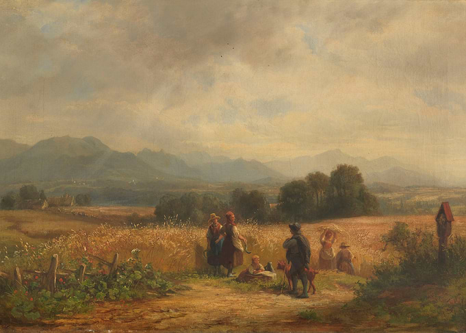Rural Harvest Scene with Mountains