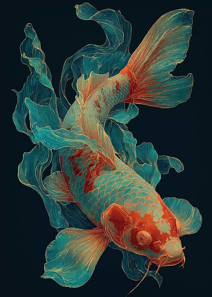 Elegant Koi Fish with Flowing Teal Ribbons