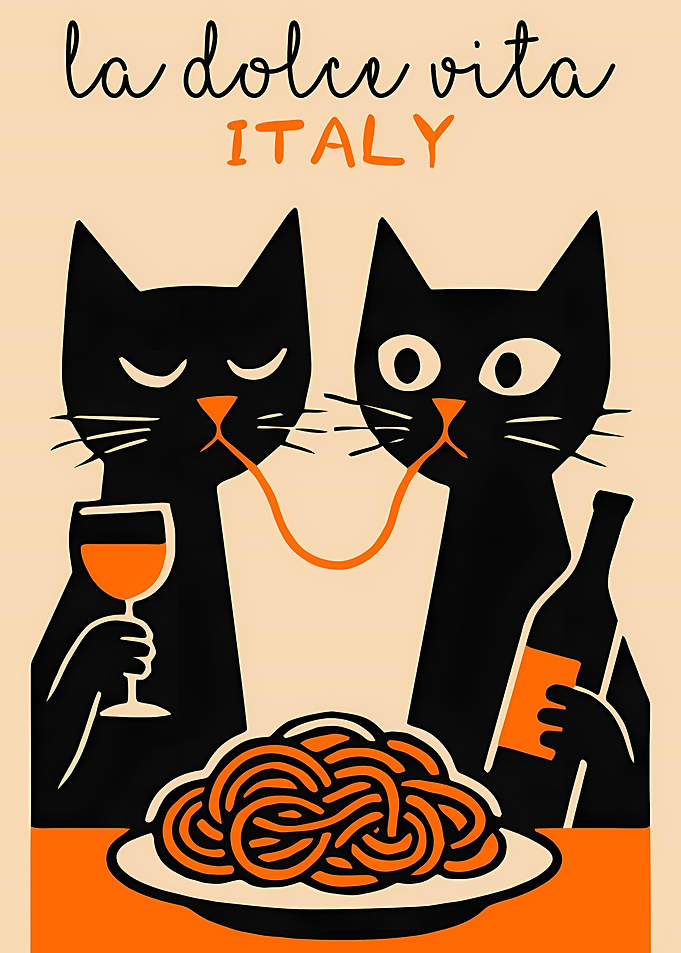 Cats Sharing Spaghetti in Italy