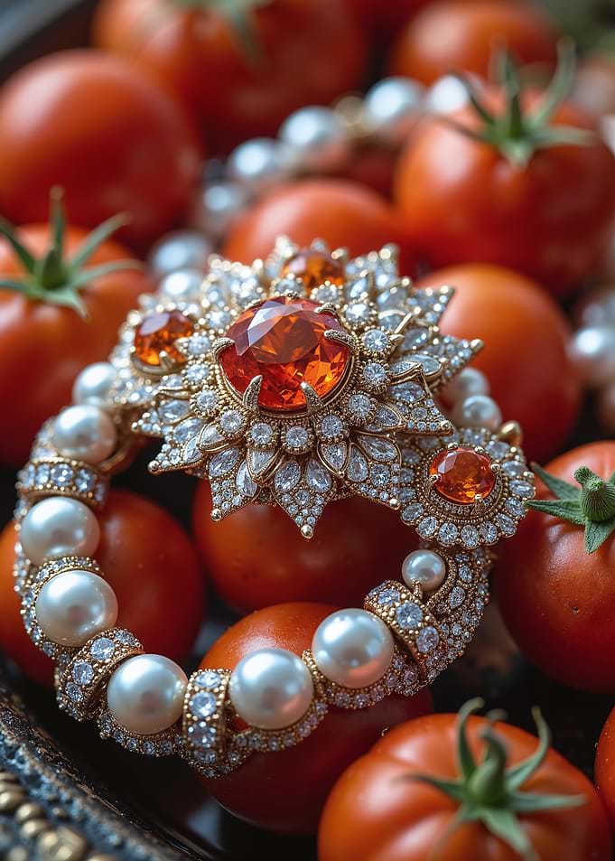 Ornate Brooch with Pearls and Gems on Tomatoes