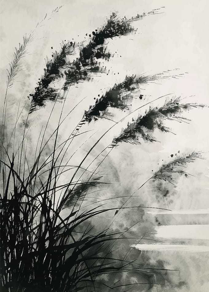 Ink Wash Painting of Reeds