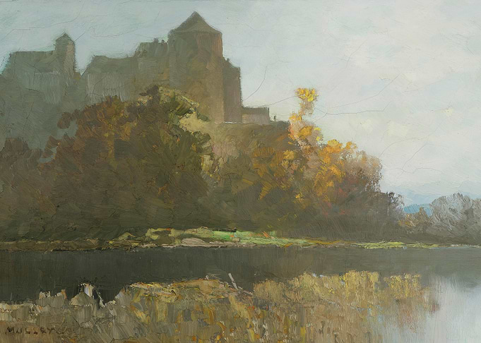 Misty Castle Overlooking a Lake