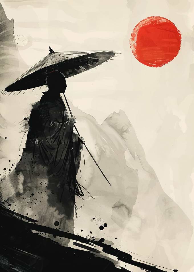 Monk with Umbrella and Red Sun