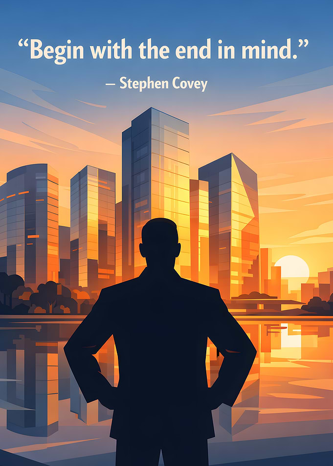 Businessman overlooking city at sunset