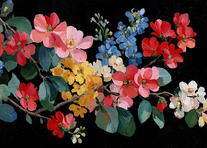 Vibrant floral branch on black background