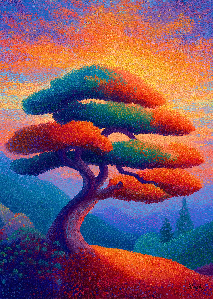 Zen Bonsai Tree Pointillism Landscape Art