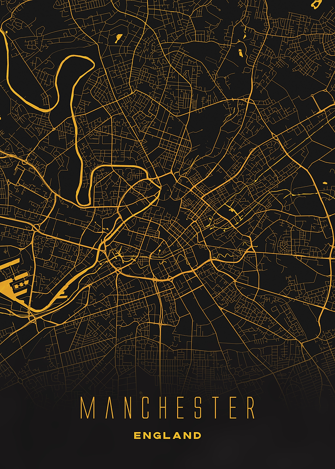 Manchester, England - Golden City Streets Map, Wall Art Print