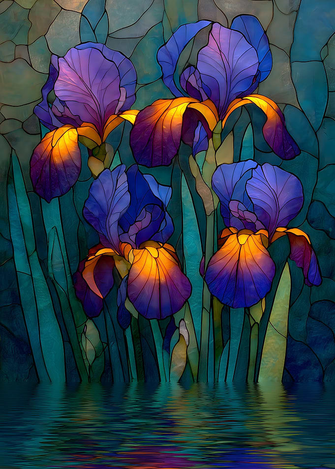 Stained Glass Irises Reflected in Water
