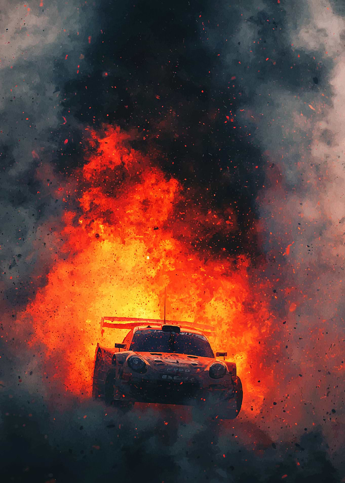Burning Race Car in Explosion