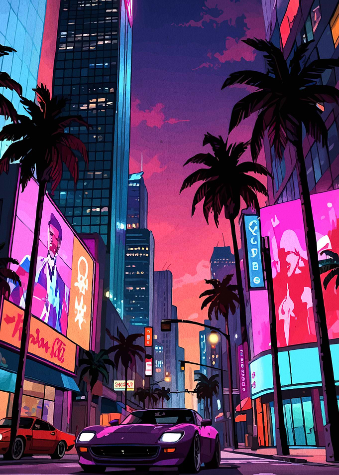 Retro Cityscape with Sports Car