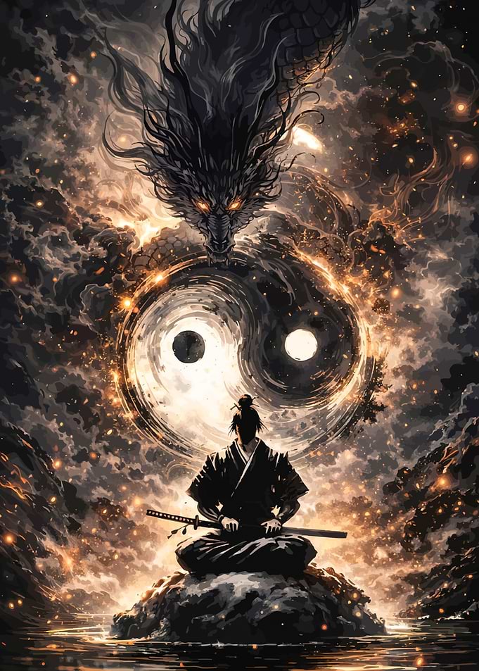 Samurai Meditating Under Dragon Yin Yang