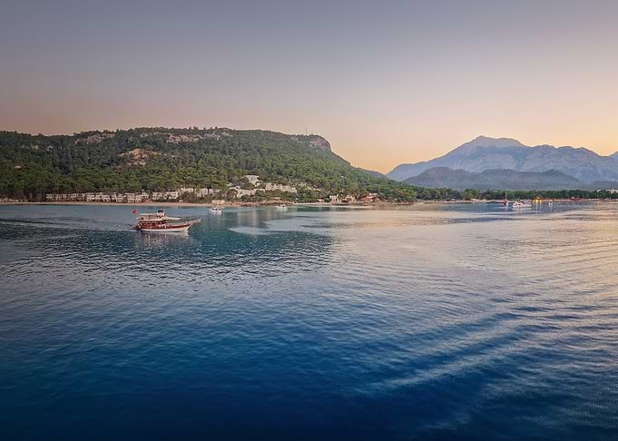 Coastal resort town at sunset
