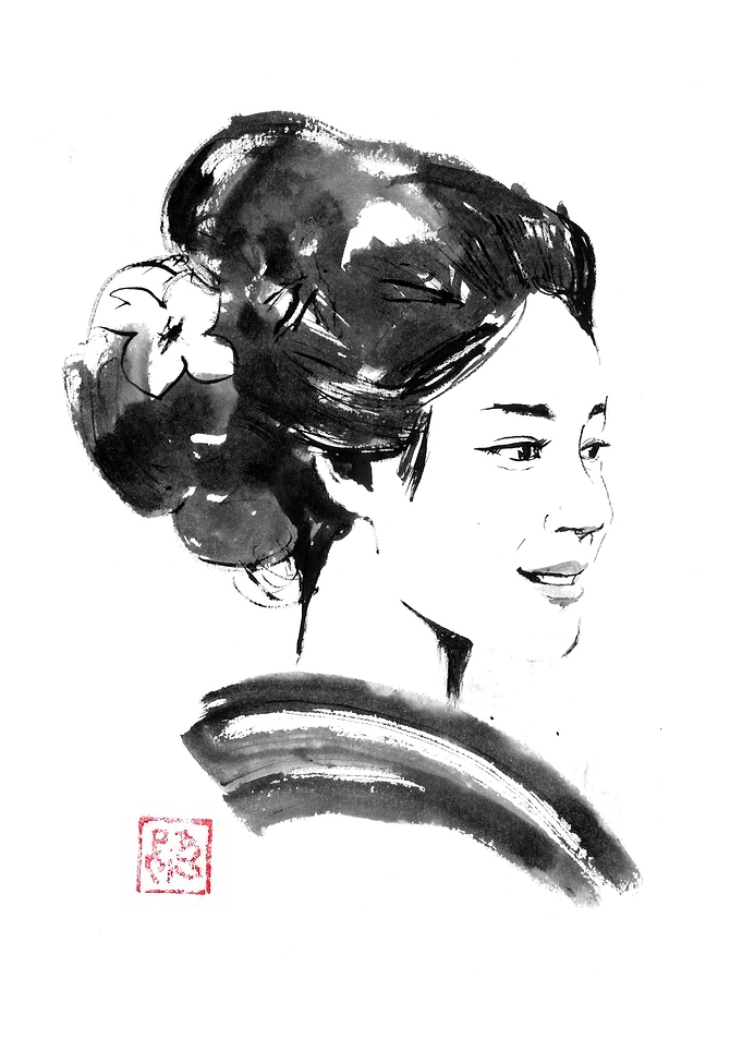 Ink painting of a Japanese woman