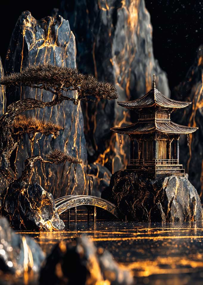 Japanese Pagoda Golden Mountain Landscape