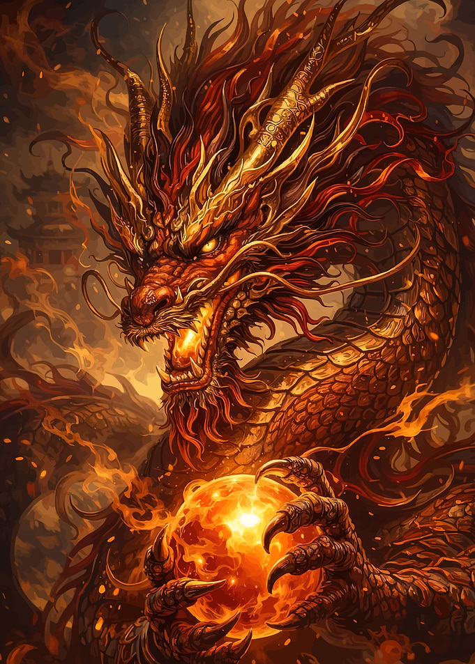 Fiery Dragon Holding a Glowing Orb