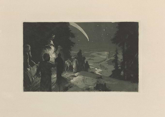 People watching a comet in the night sky