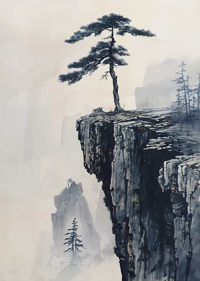 Misty Mountain Landscape with Pine Tree