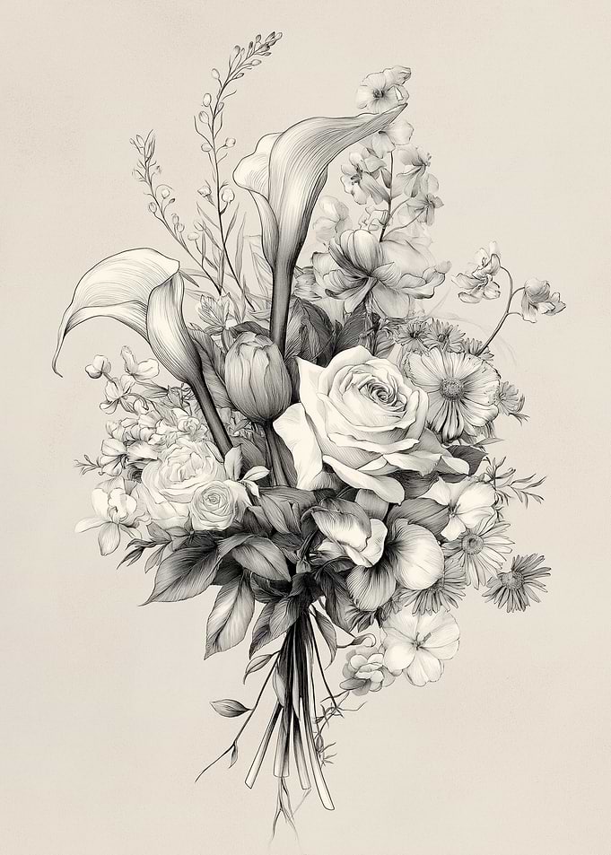 Pencil Sketch Floral Bouquet