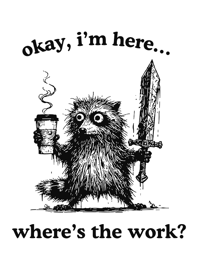 Raccoon with Sword and Coffee