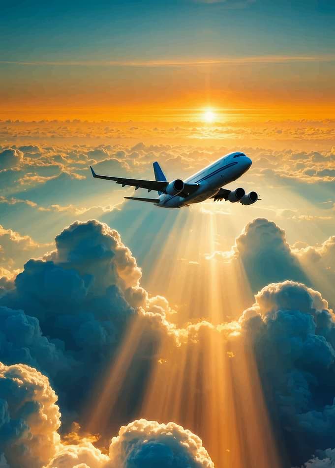 Airplane flying through clouds at sunset