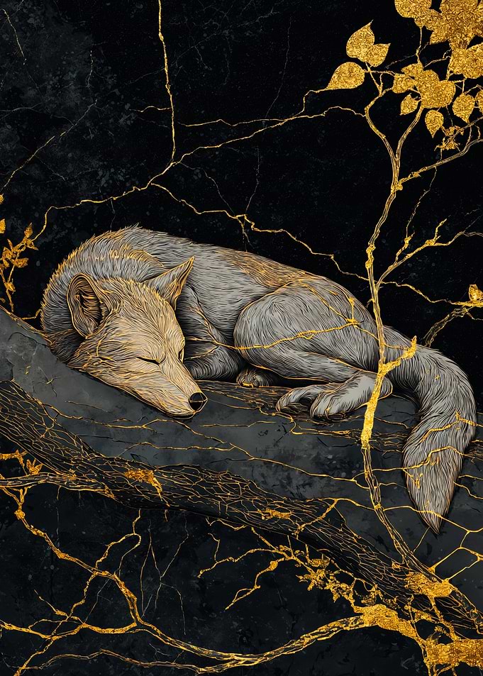 Majestic Gold Kintsugi Sleeping Wolf Art
