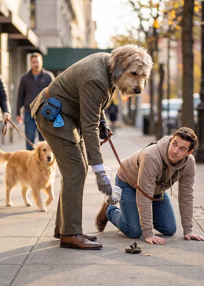 Man dressed as dog picks up poop