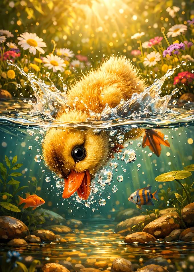 Cute Duckling Splashing in Water